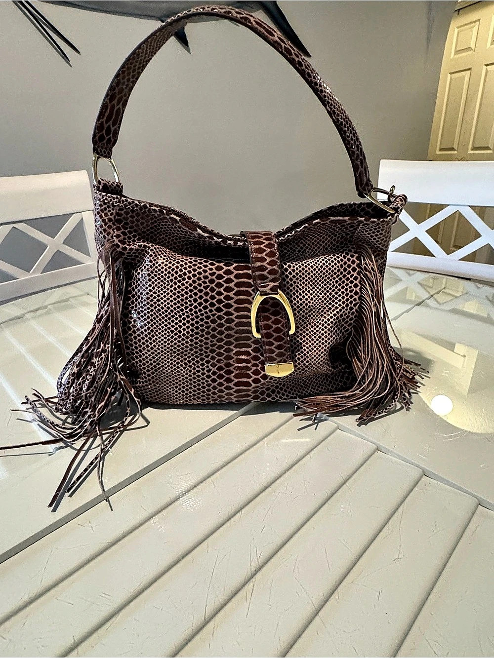 G.I.L.I Leather Snake Print Fringe Hobo Bag